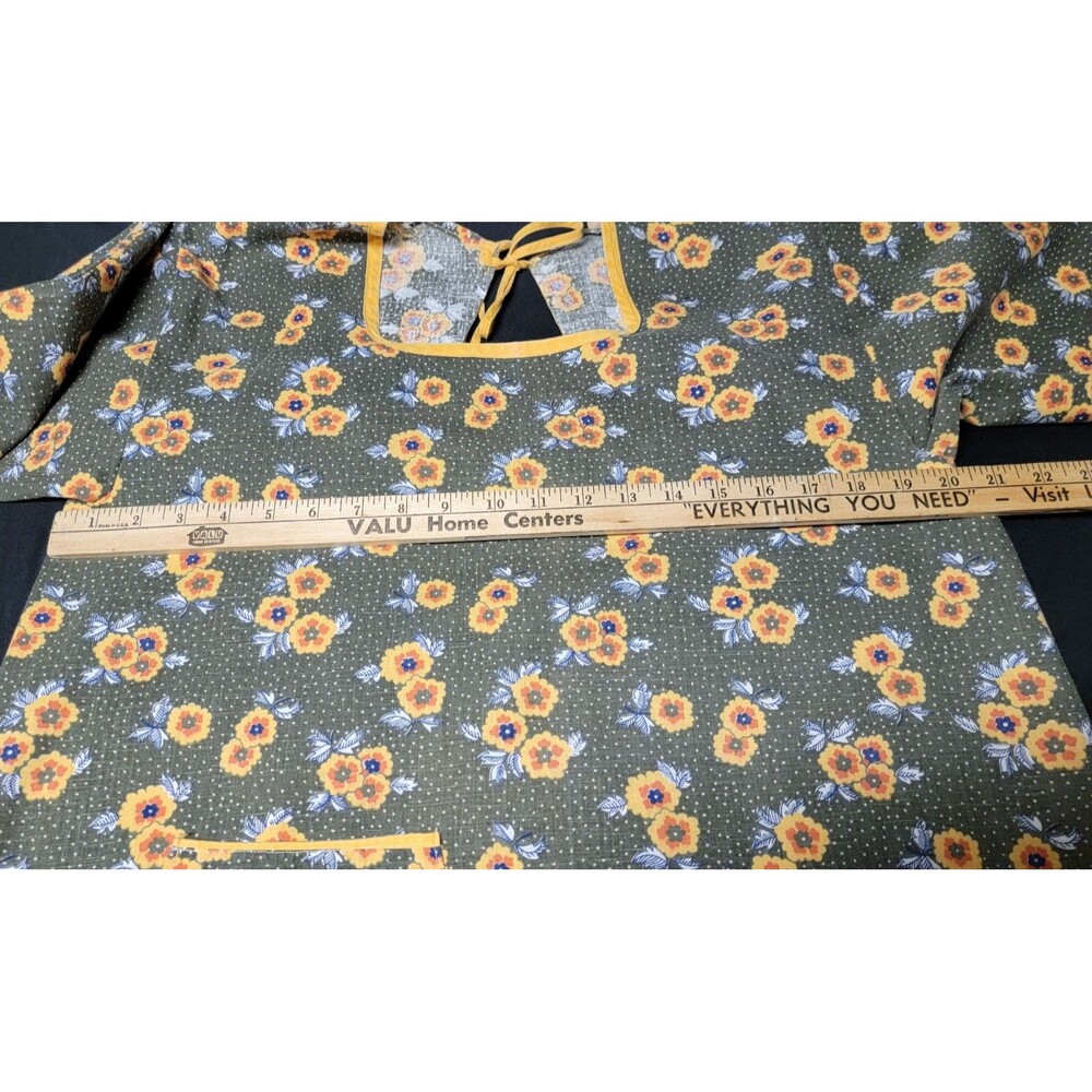 Classic Homemade Full Apron Women Green Yellow Floral 3/4 Sleeve Back Tie - Picture 10 of 13